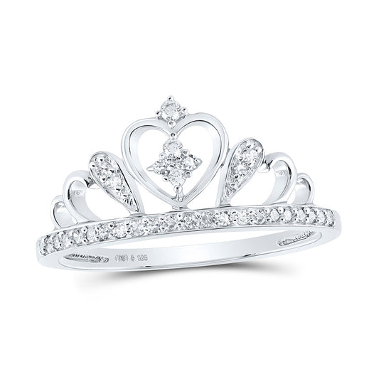 Sterling Silver Womens Round Diamond Crown Tiara Heart Ring 1/6 Cttw, Womens Size: 5-10