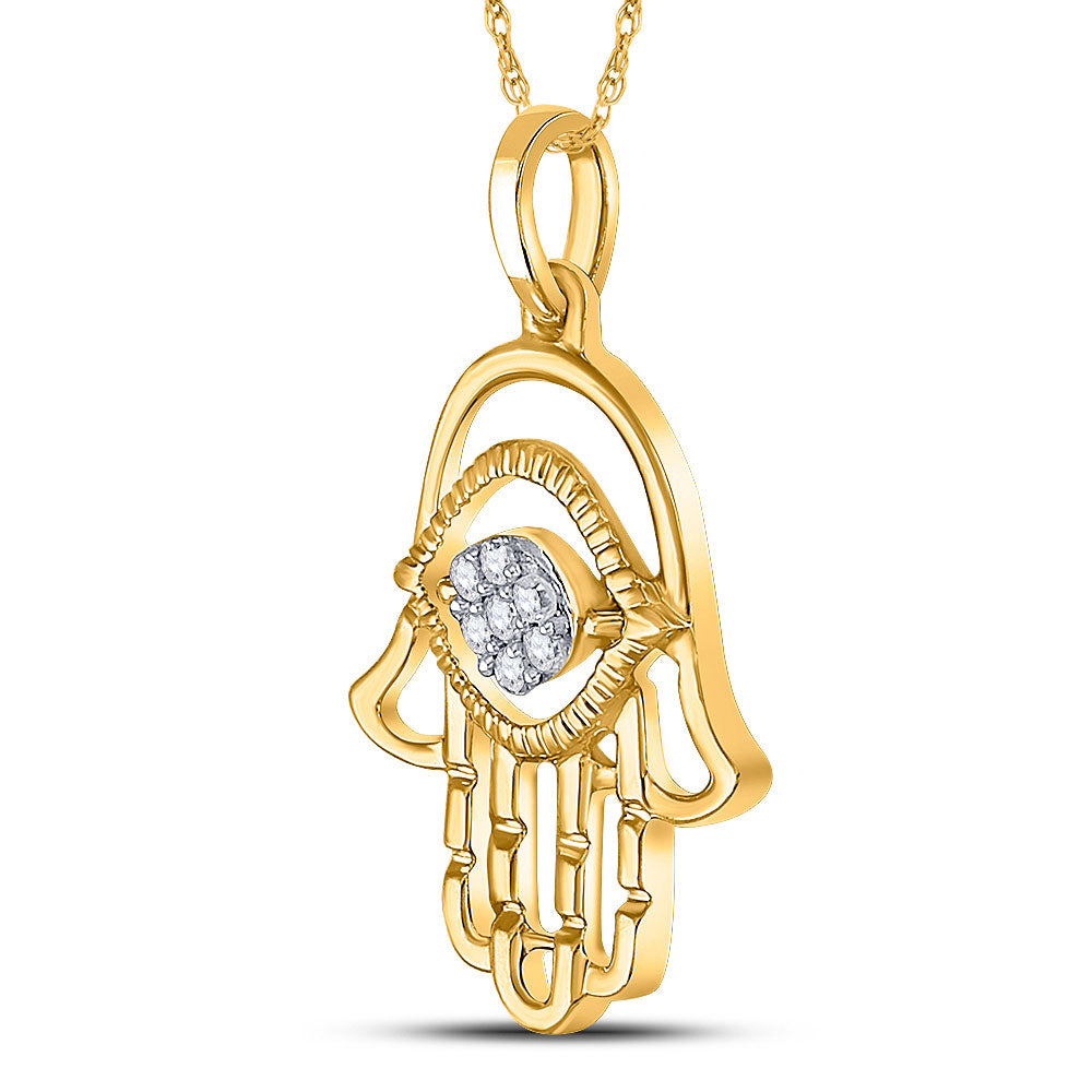 10K Yellow Gold Womens Round Diamond Hamsa Fashion Pendant 1/20 Cttw, Length: 0.95 In, Width: 0.57 In