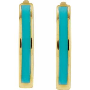14K Yellow Gold 12 Mm Turqoise Enamel Huggie Earrings, Thickness: 2 Mm