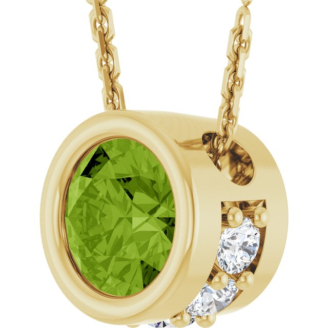 14K Yellow Gold Round 4Mm I1, G-H 18 In Polished Natural Peridot And .07 Ctw Natural Diamond Hidden Halo Necklace
