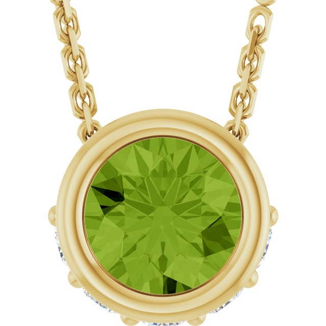 14K Yellow Gold Round 4Mm I1, G-H 18 In Polished Natural Peridot And .07 Ctw Natural Diamond Hidden Halo Necklace