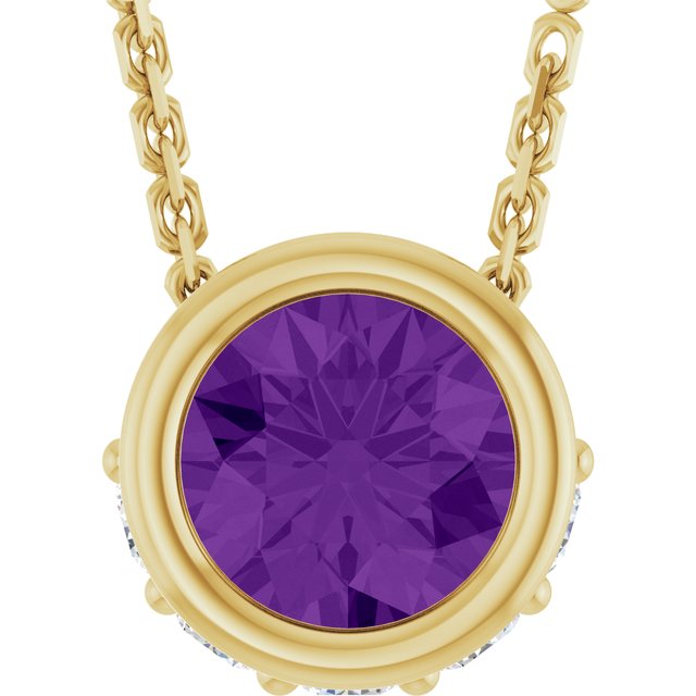 14K Yellow Gold Round 4Mm I1, G-H 18 In Polished Natural Amethyst And .07 Ctw Natural Diamond Hidden Halo Necklace