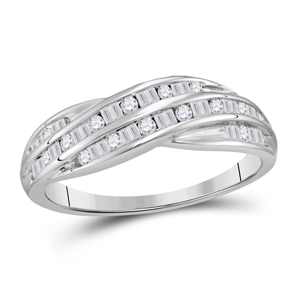 10K White Gold Womens Round Baguette Diamond Crossover Band Ring 1/3 Cttw, Womens Size: 5-10