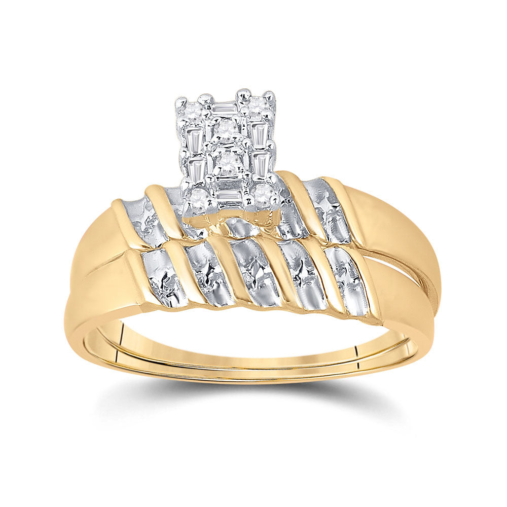 10K Yellow Gold His Hers Round Diamond Cluster Matching Wedding Set 1/10 Cttw, Womens Size: 5-10, Mens Size: 7-13