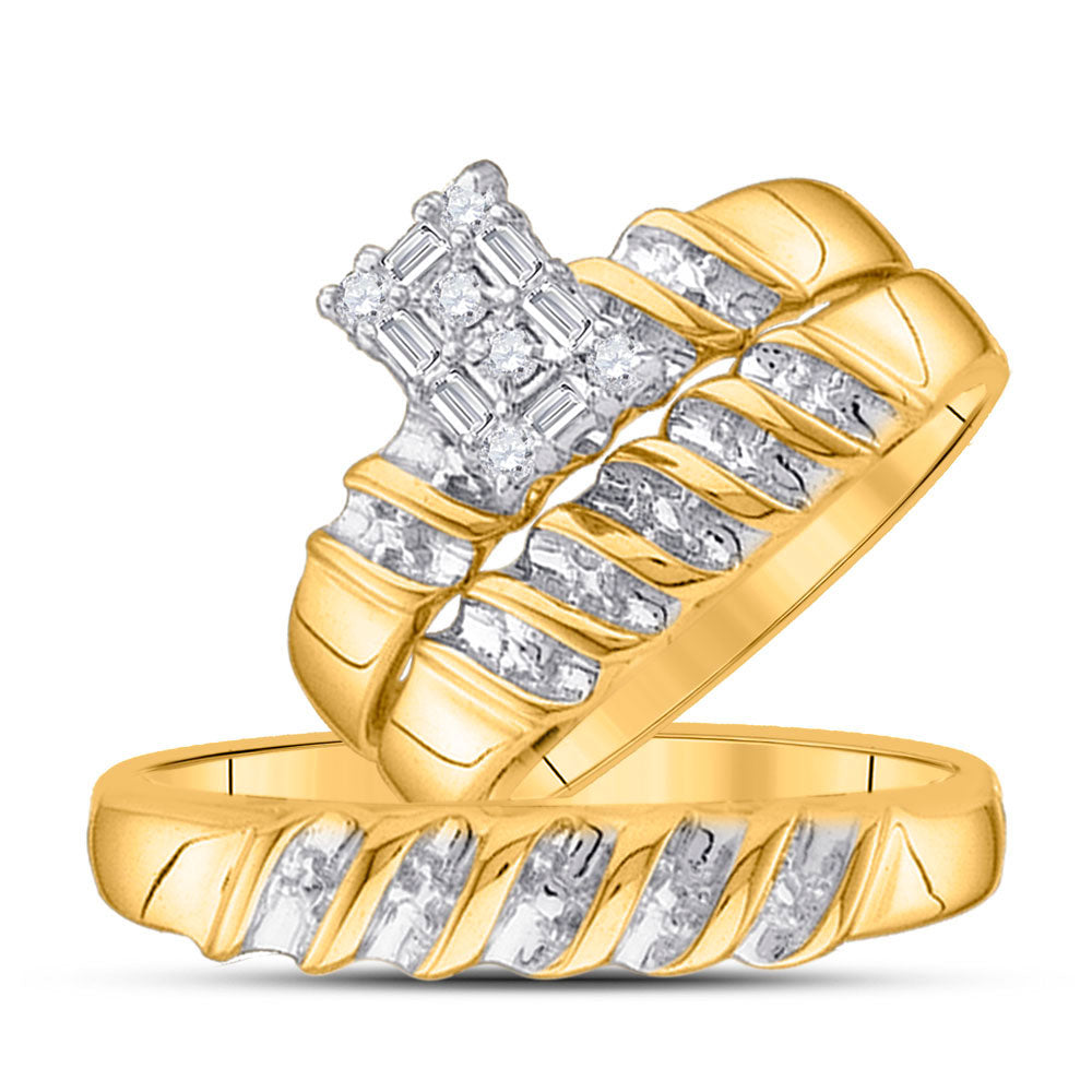 10K Yellow Gold His Hers Round Diamond Cluster Matching Wedding Set 1/10 Cttw, Womens Size: 5-10, Mens Size: 7-13