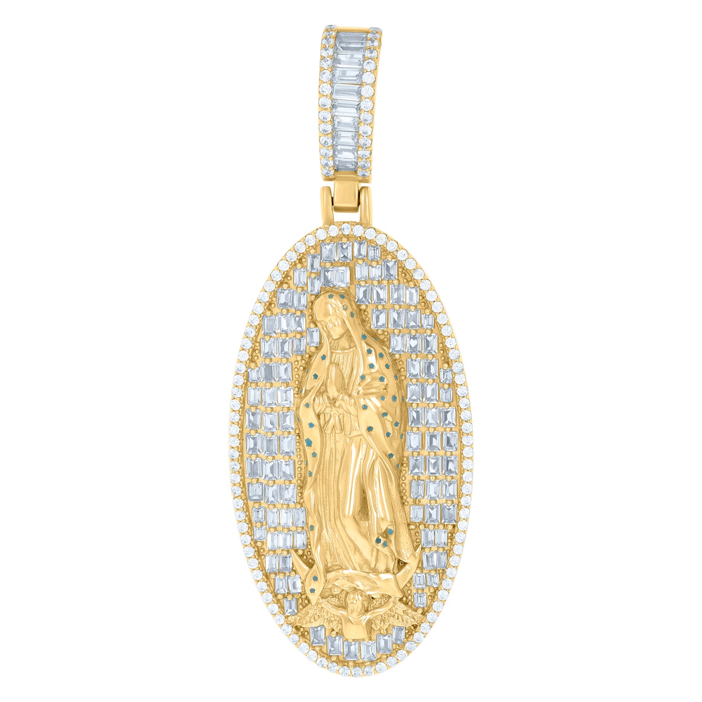 Sterling Silver Mens Baguette Round Cubic-Zirconia Guadalupe Religious Charm Pendant