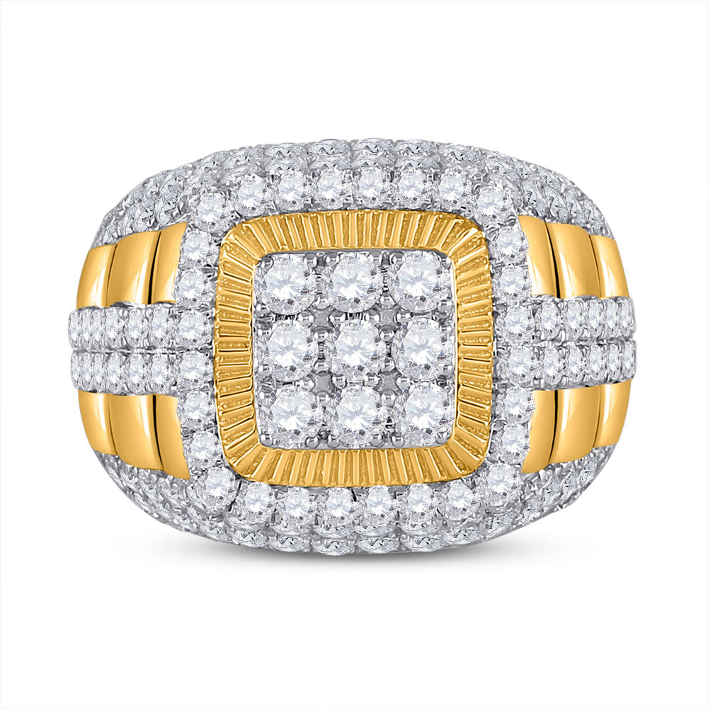 14K Yellow Gold Mens Round Diamond Ribbed Square Cluster Ring 5 Cttw, Mens Size: 7-13