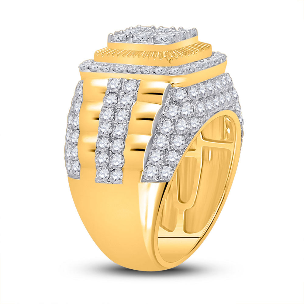 14K Yellow Gold Mens Round Diamond Ribbed Square Cluster Ring 5 Cttw, Mens Size: 7-13