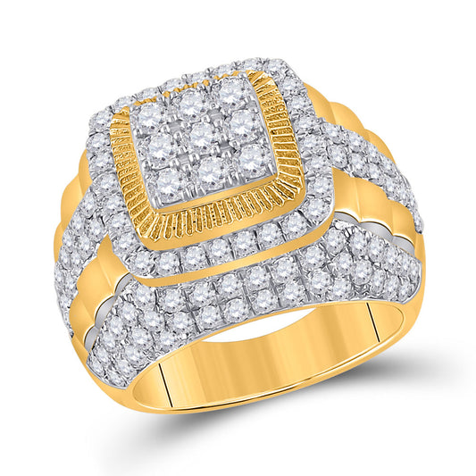 14K Yellow Gold Mens Round Diamond Ribbed Square Cluster Ring 5 Cttw, Mens Size: 7-13