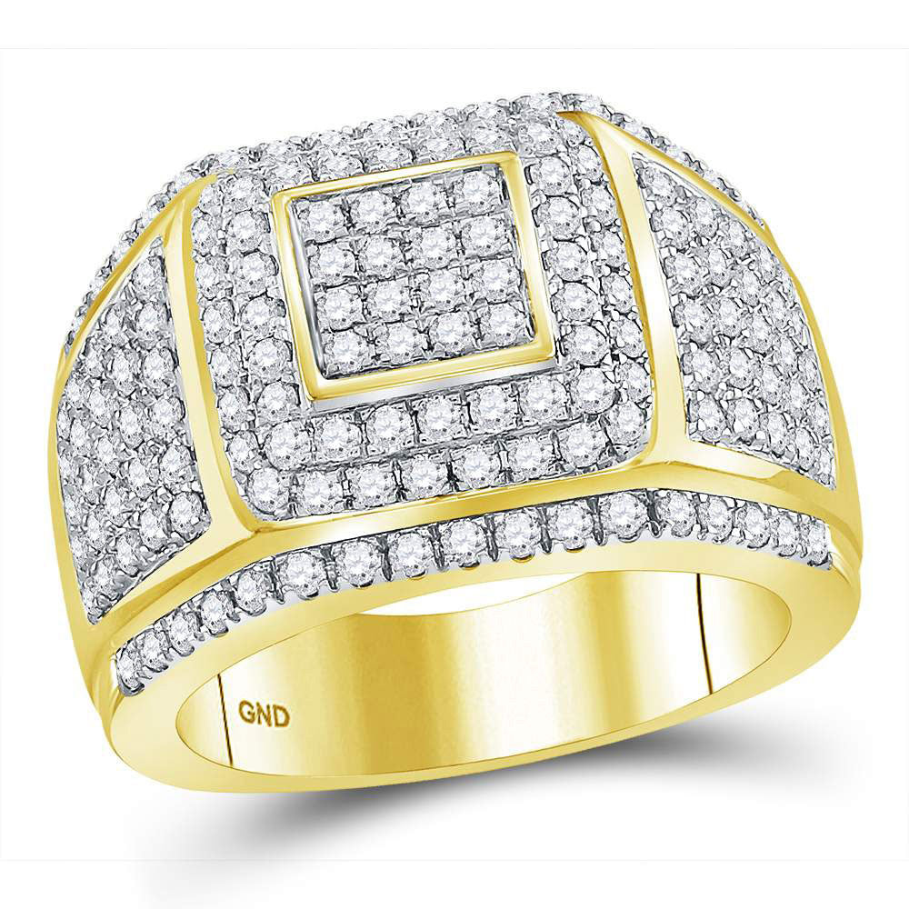 14K Yellow Gold Mens Round Diamond Cushion Cluster Ring 2-1/2 Cttw, Mens Size: 7-13