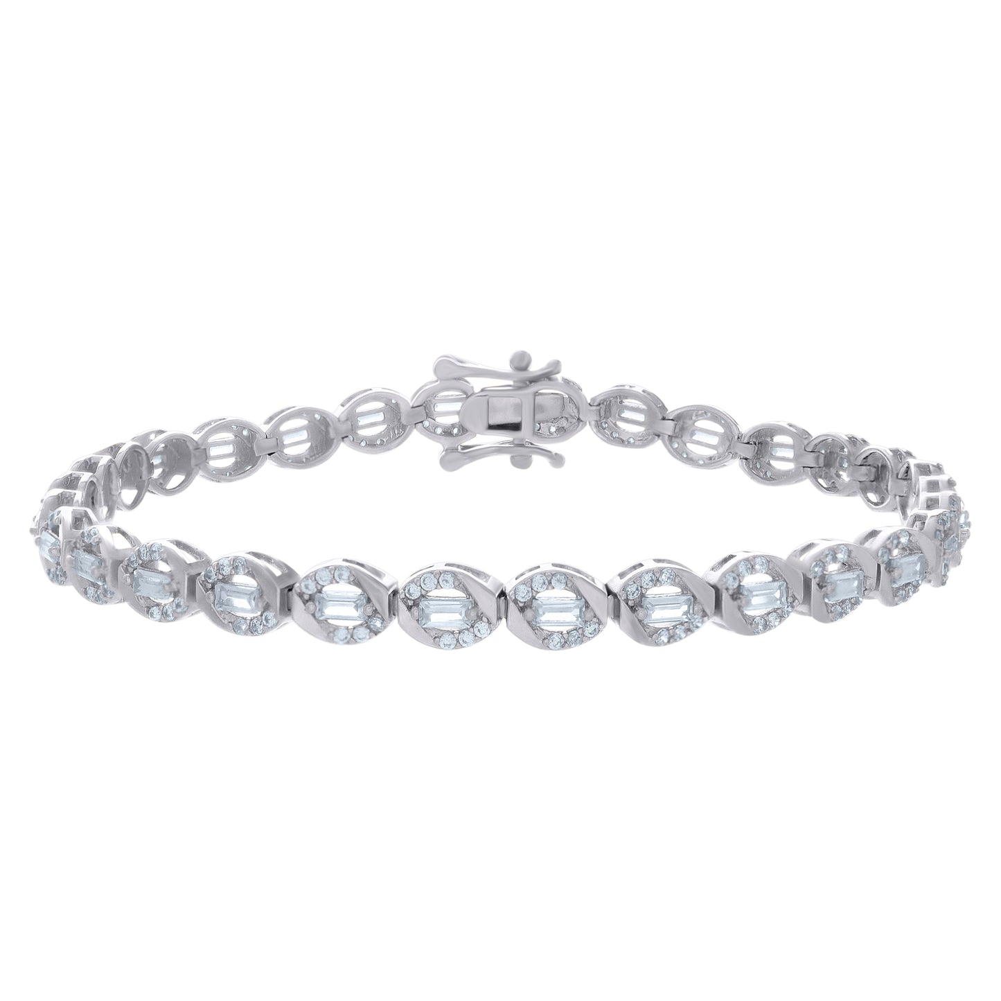 Sterling Silver Womens Baguette Round Cubic-Zirconia Fashion Link Bracelet Size 7 Inches