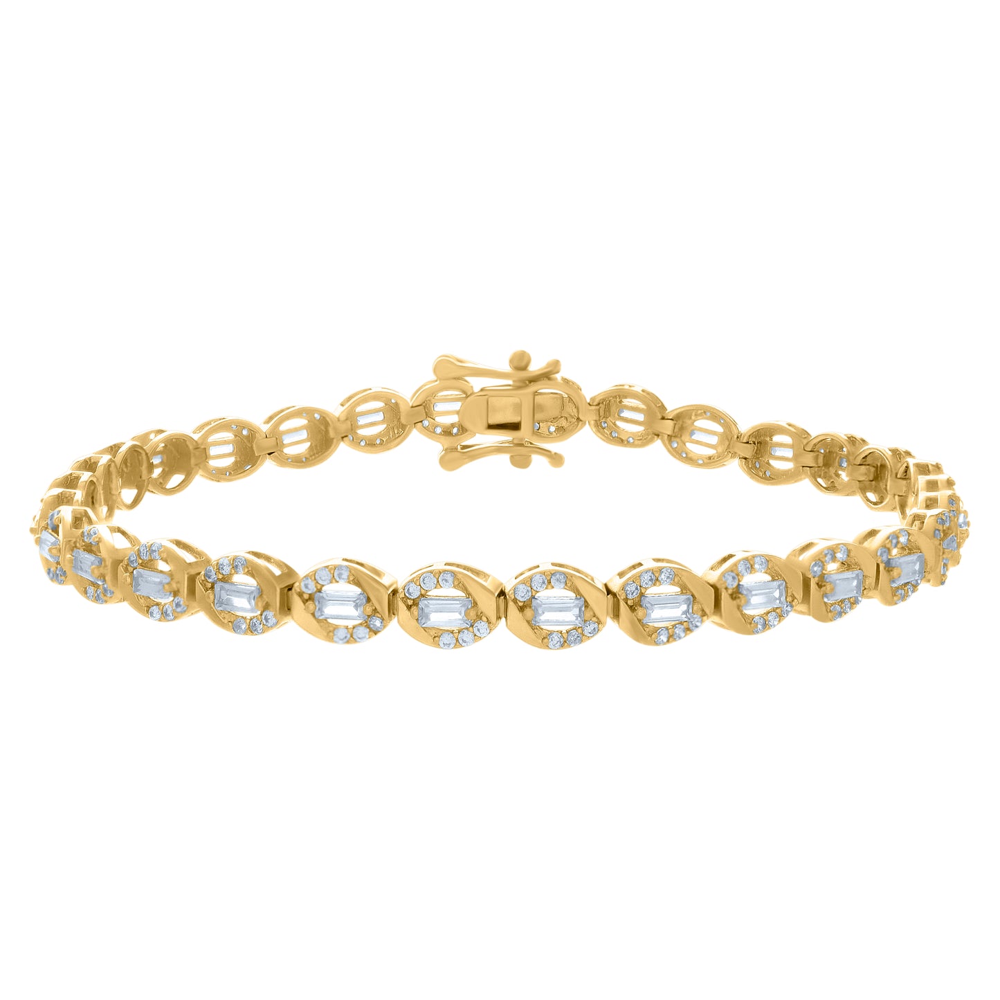 Sterling Silver Womens Baguette Round Cubic-Zirconia Fashion Link Bracelet Size 7 Inches