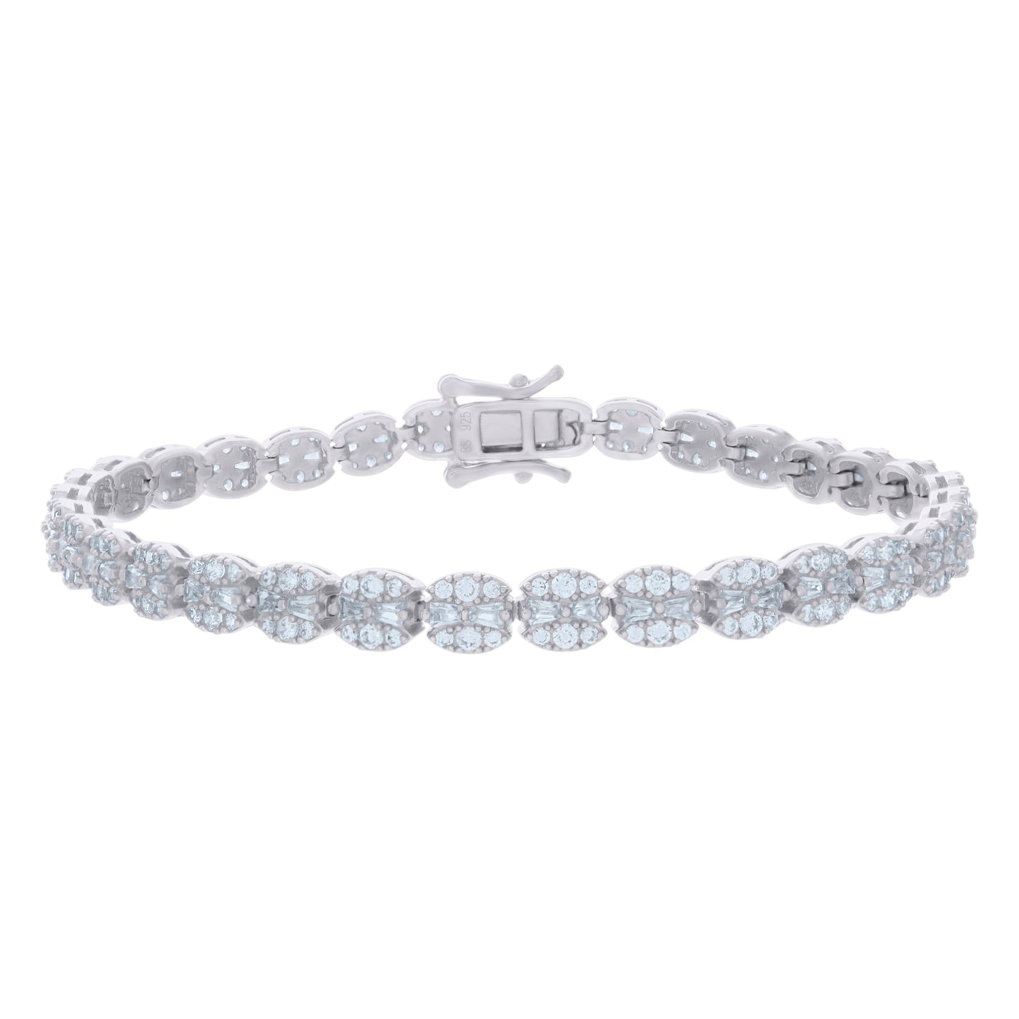Sterling Silver Womens Baguette Round Cubic-Zirconia Fashion Link Bracelet Size 7 Inches