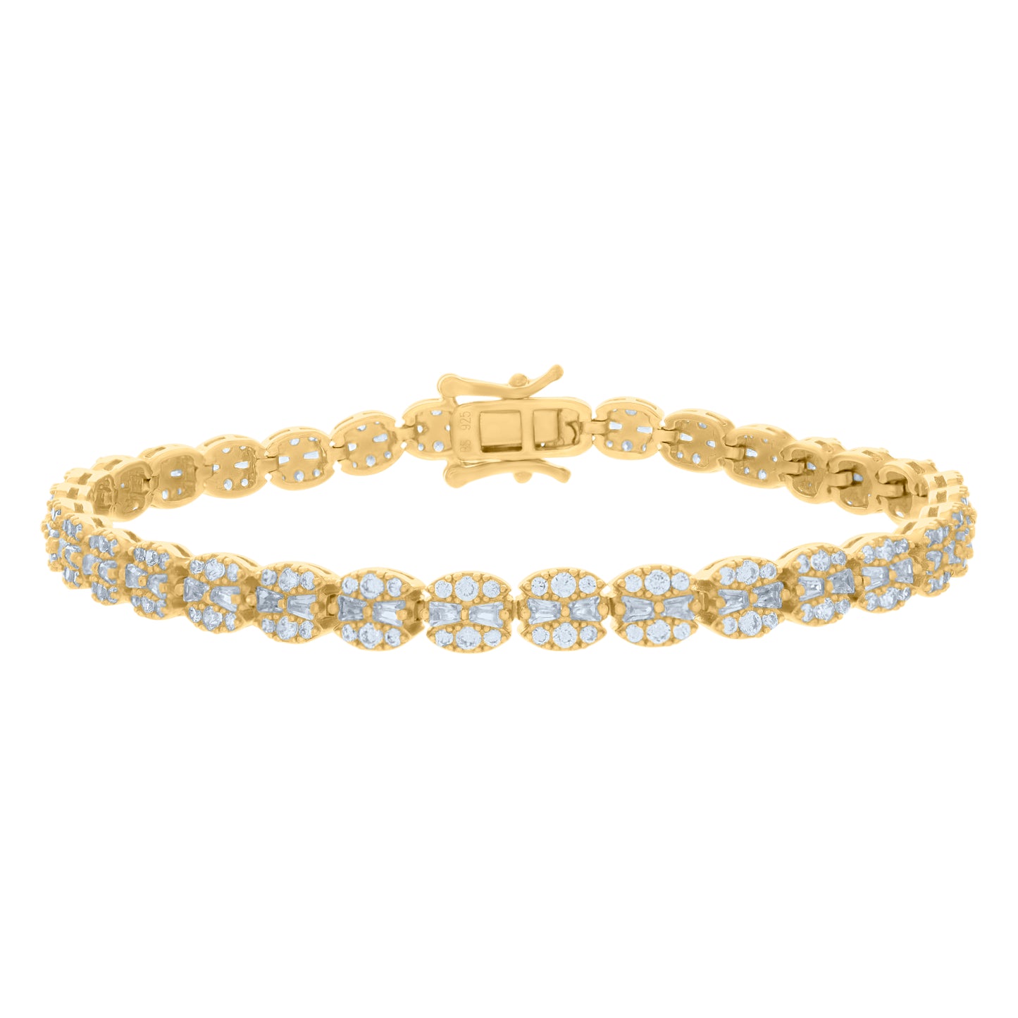 Sterling Silver Womens Baguette Round Cubic-Zirconia Fashion Link Bracelet Size 7 Inches
