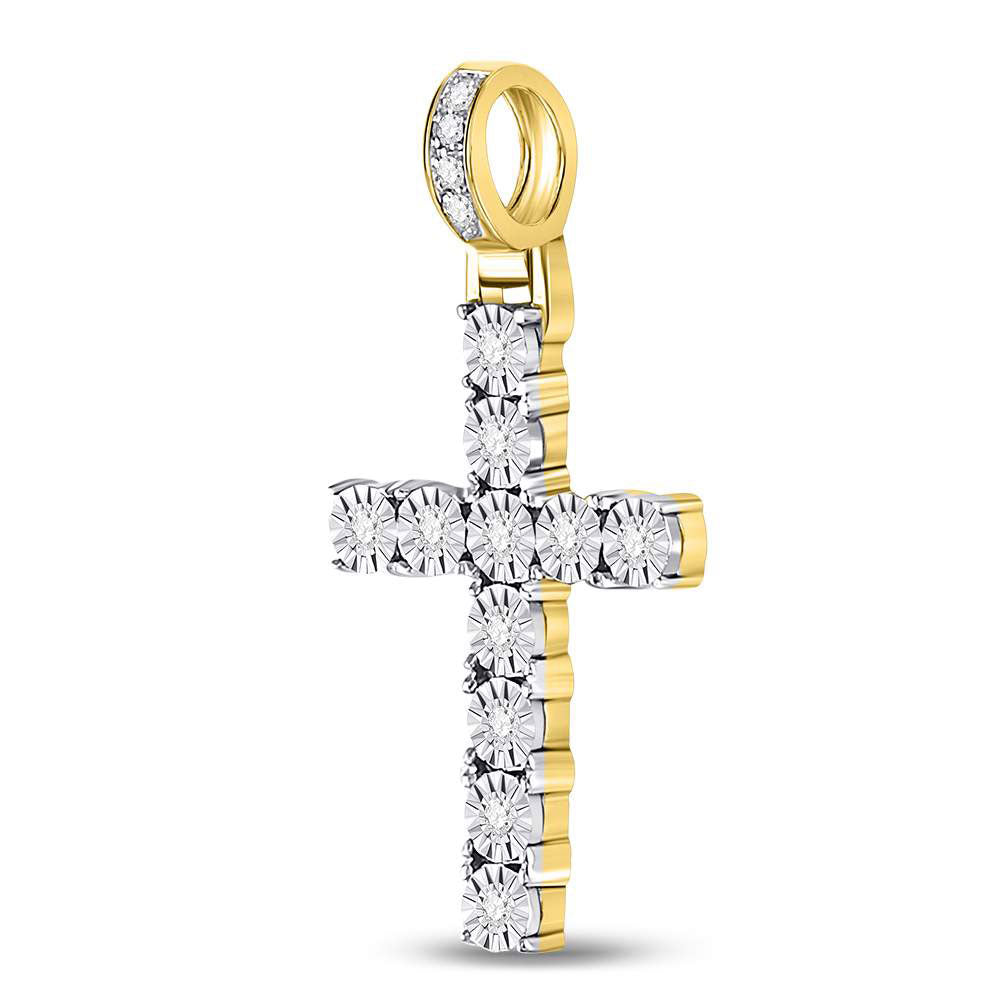 10K Yellow Gold Mens Round Diamond Cross Charm Pendant 1/8 Cttw