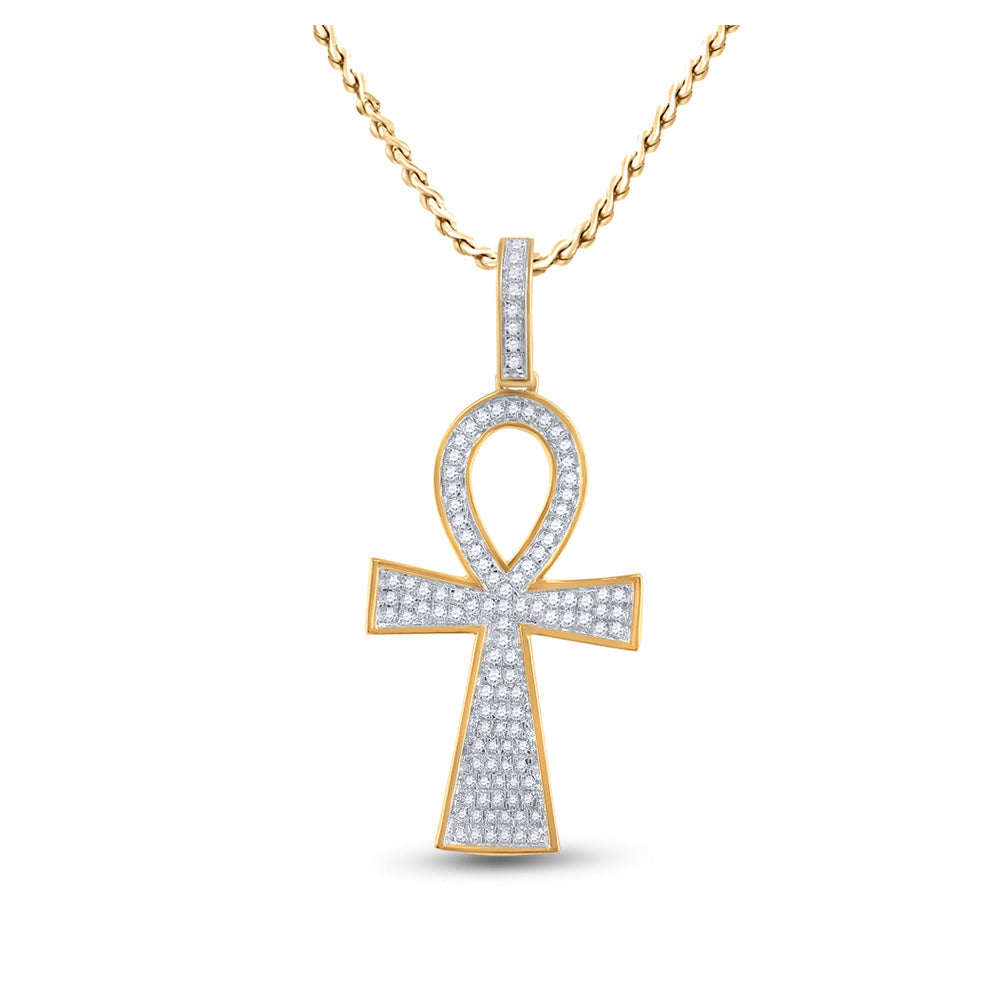 10K Yellow Gold Mens Round Diamond Ankh Cross Charm Pendant 1/3 Cttw, Length: 1.35 In, Width: 0.61 In
