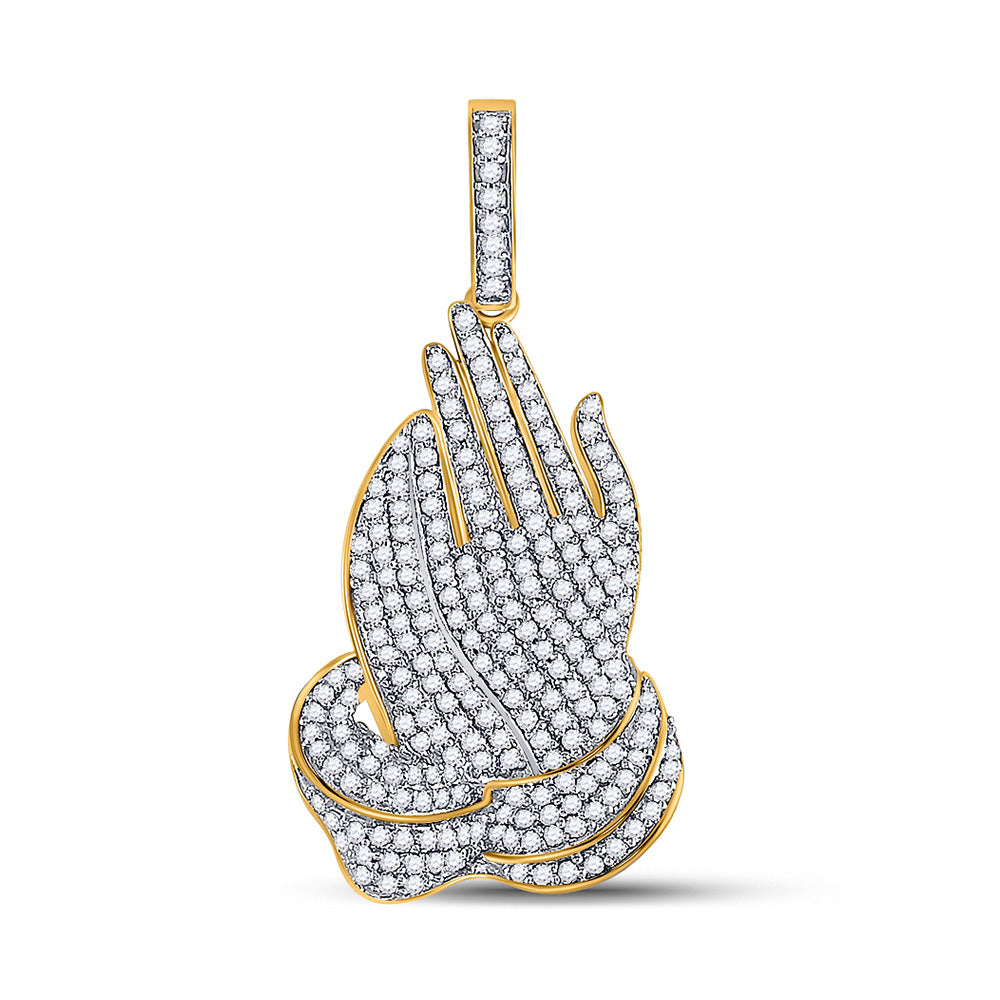10K Yellow Gold Mens Round Diamond Praying Hands Charm Pendant 7/8 Cttw, Length: 1.31 In, Width: 0.66 In