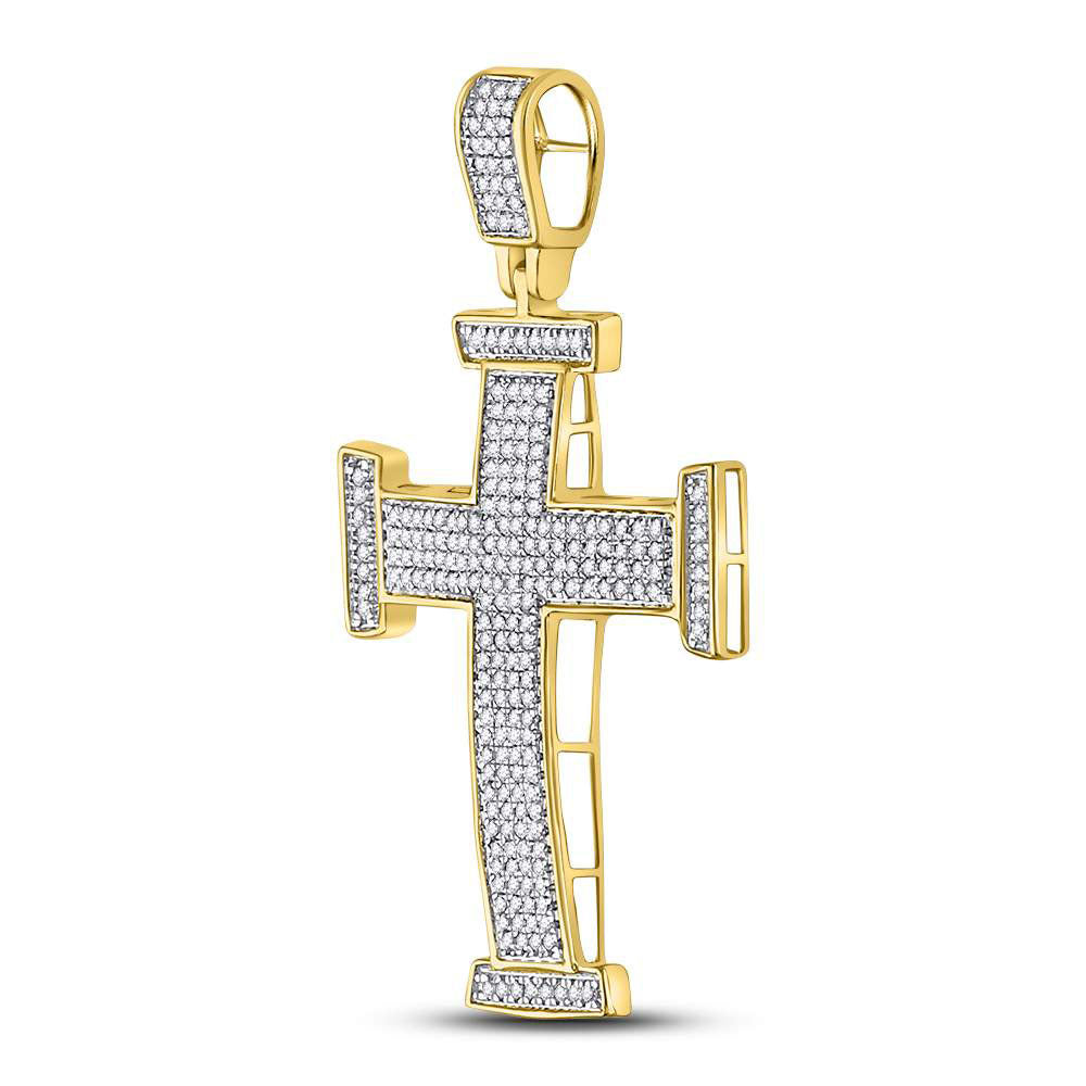 10K Yellow Gold Mens Round Diamond Cross Charm Pendant 3/4 Cttw
