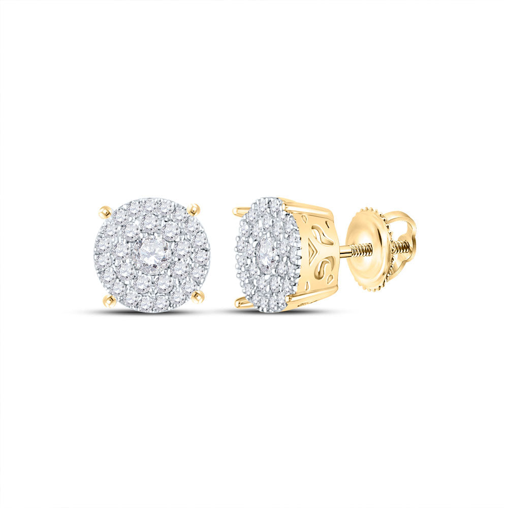 10K Yellow Gold Womens Round Diamond Concentric Circle Cluster Earrings 3/8 Cttw