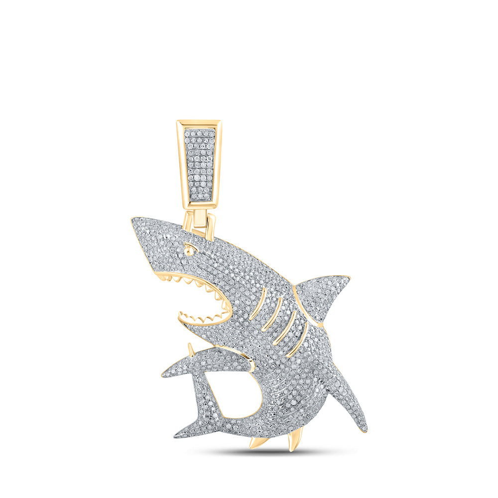 10K Yellow Gold Mens Round Diamond Shark Charm Pendant 1-1/2 Cttw, Length: 1.81 In, Width: 1.2 In