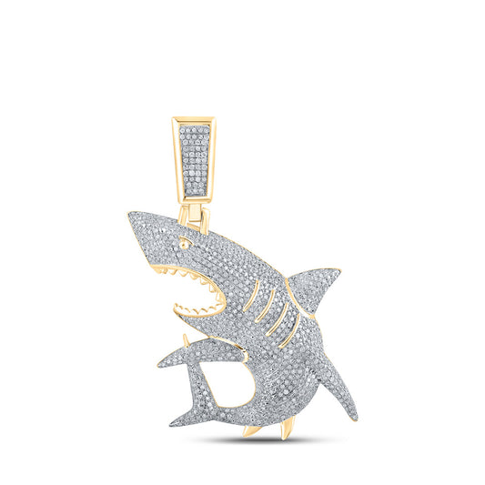 10K Yellow Gold Mens Round Diamond Shark Charm Pendant 1-1/2 Cttw, Length: 1.81 In, Width: 1.2 In