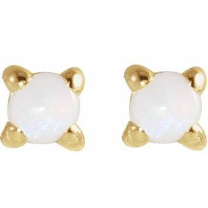 14K Yellow Gold Round 2 Mm Cabochon Natural White Opal 4-Claw Prong Earring, Length: 6 MM