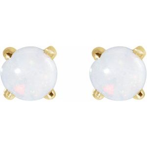 14K Yellow Gold Round 3 Mm Cabochon Natural White Opal 4-Claw Prong Earring, Length: 6 MM