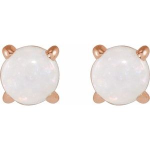 14K Rose Gold Round 4 Mm Cabochon Natural White Opal 4-Claw Prong Earring, Length: 6 MM