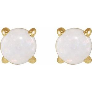 14K Yellow Gold Round 4 Mm Cabochon Natural White Opal 4-Claw Prong Earring, Length: 6 MM