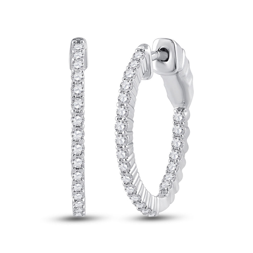 14K White Gold Womens Round Diamond Single Row Hoop Earrings 1/2 Cttw, Length: 0.83 In, Width: 0.04 In