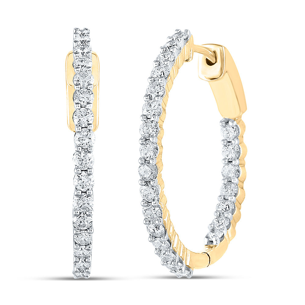 14K Yellow Gold Womens Round Diamond Inside Outside Hoop Earrings 2 Cttw
