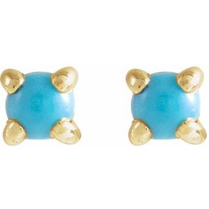 14K Yellow Gold Round 2.5 Mm Cabochon Natural Turquoise 4-Claw Prong Earring, Length: 6 MM