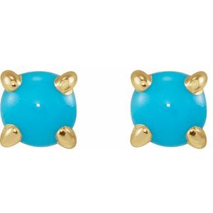 14K Yellow Gold Round 4 Mm Cabochon Natural Turquoise 4-Claw Prong Earring, Length: 6 MM