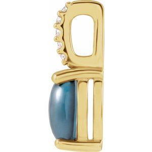 14K Yellow Gold Oval 7 X 5Mm G-H I1 Natural London Blue Topaz And .02 Ctw Natural Diamond Cabochon Pendant