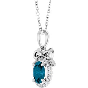 14K White Gold Oval 7 X 5Mm G-H I1 Natural London Blue Topaz And .08 Ctw Natural Diamond Bow Necklace, Length: 18 In