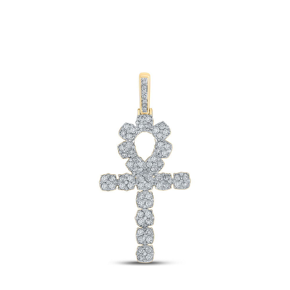 10K Yellow Gold Mens Round Diamond Ankh Cross Charm Pendant 1-1/4 Cttw