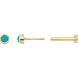 14K Yellow Gold Round 2 Mm Cabochon Natural Turquoise Bezel-Set Earring, Length: 6 MM