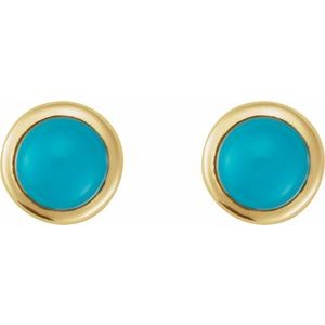 14K Yellow Gold Round 4 Mm Cabochon Natural Turquoise Bezel-Set Earring, Length: 6 MM