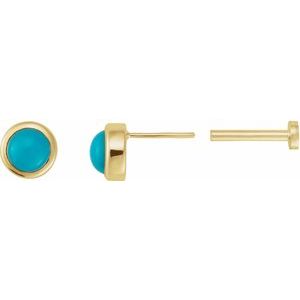 14K Yellow Gold Round 4 Mm Cabochon Natural Turquoise Bezel-Set Earring, Length: 6 MM