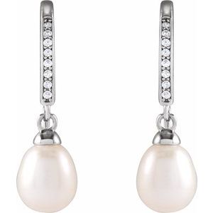 Rhodium-Plated Sterling Silver Cultured White Freshwater Pearl & Imitation Cubic Zirconia Earrings