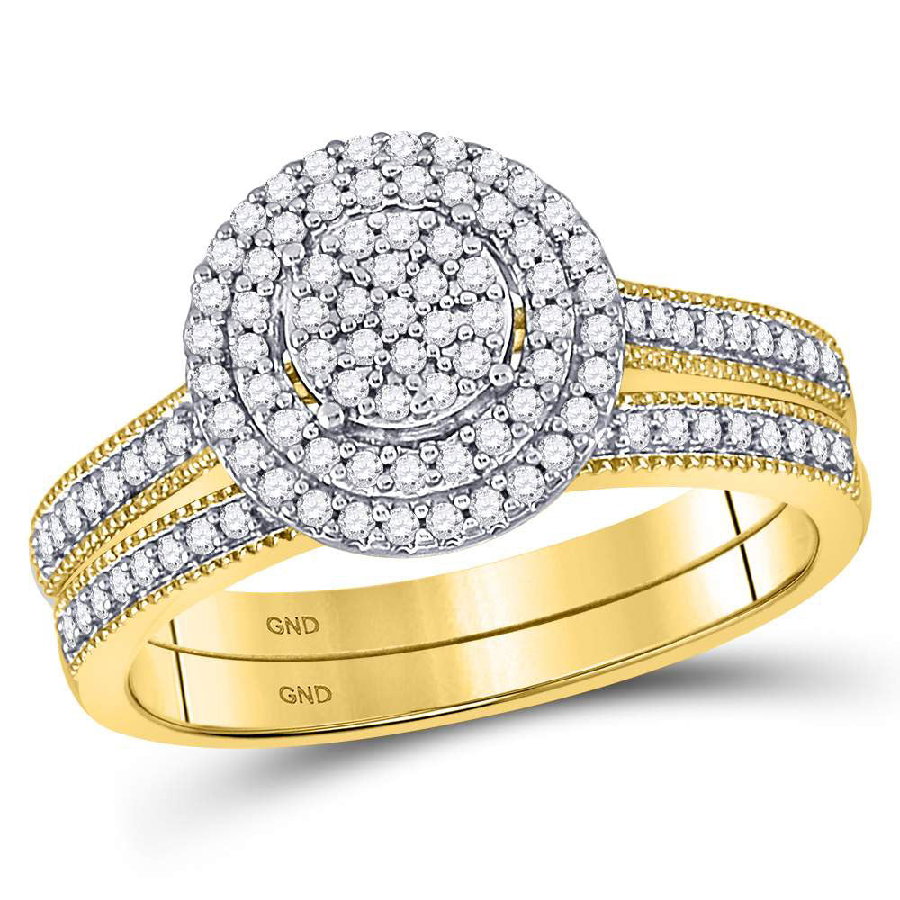 10K Yellow Gold Round Diamond Cluster Bridal Wedding Ring Band Set 1/3 Cttw, Womens Size: 5-10