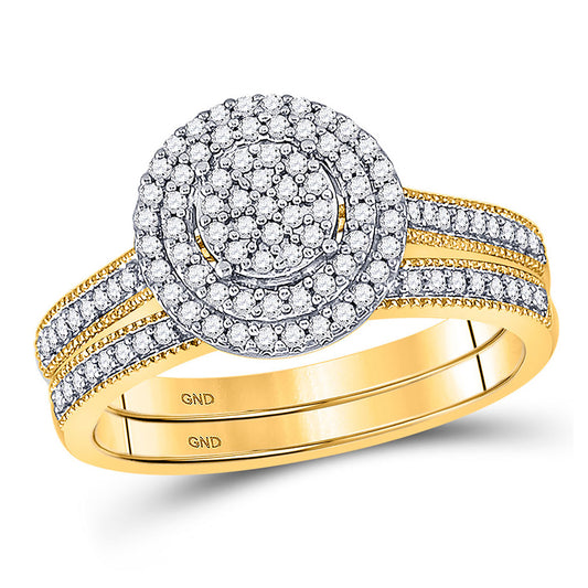 10K Yellow Gold Round Diamond Cluster Bridal Wedding Ring Band Set 1/3 Cttw, Womens Size: 5-10
