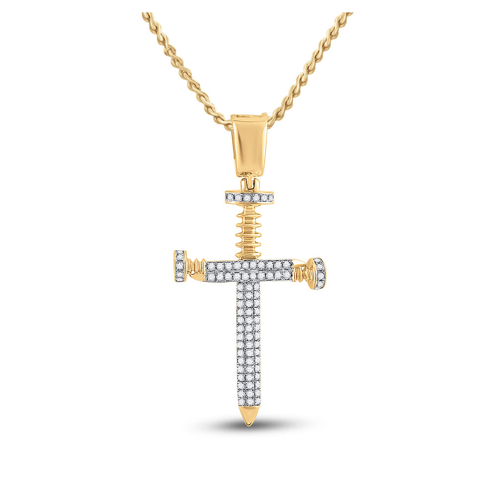 10K Yellow Gold Mens Round Diamond Nail Cross Charm Pendant 3/8 Cttw