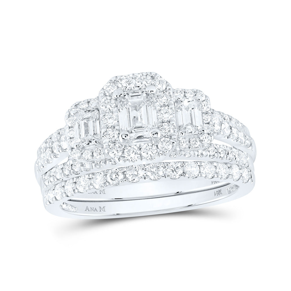 14K White Gold Emerald Diamond 3-Stone Bridal Wedding Ring Band Set 1-1/2 Cttw, Womens Size: 5-10