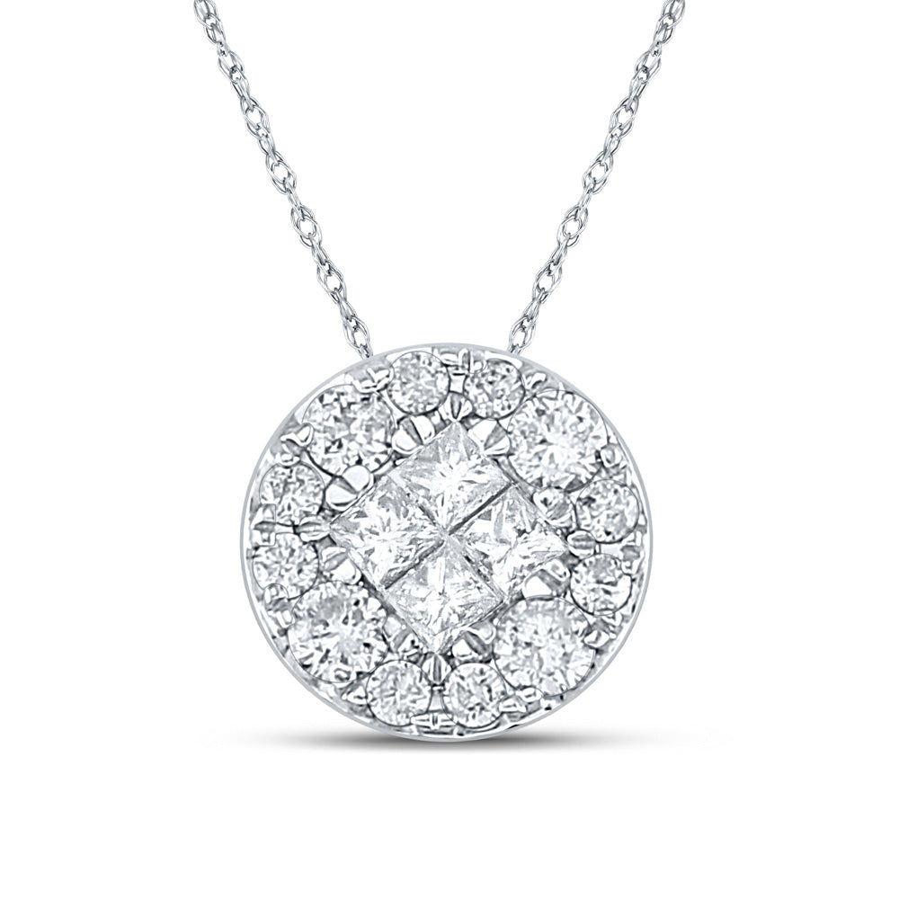 14K White Gold Womens Princess Diamond Fashion Cluster Pendant 1/2 Cttw, Length: 0.37 In, Width: 0.37 In