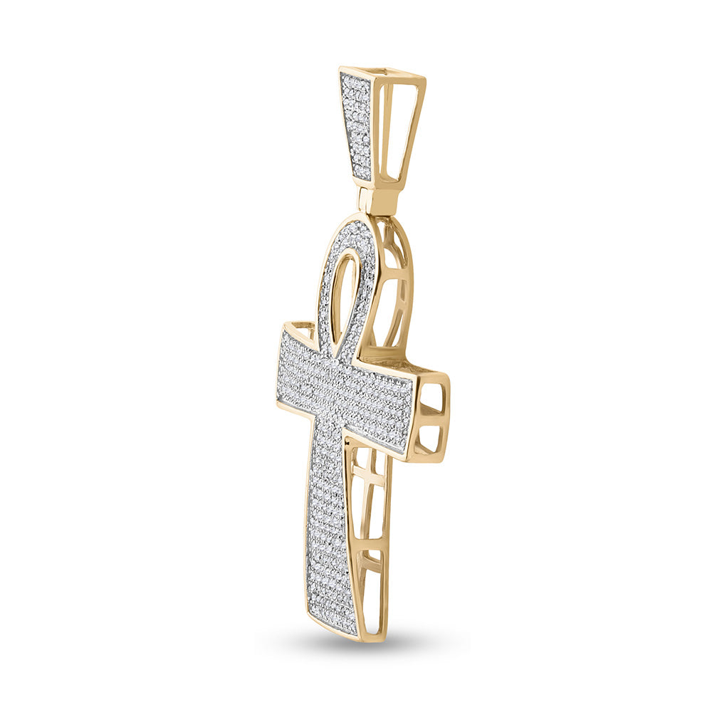 10K Yellow Gold Mens Round Diamond Ankh Cross Religious Charm Pendant 3/4 Cttw