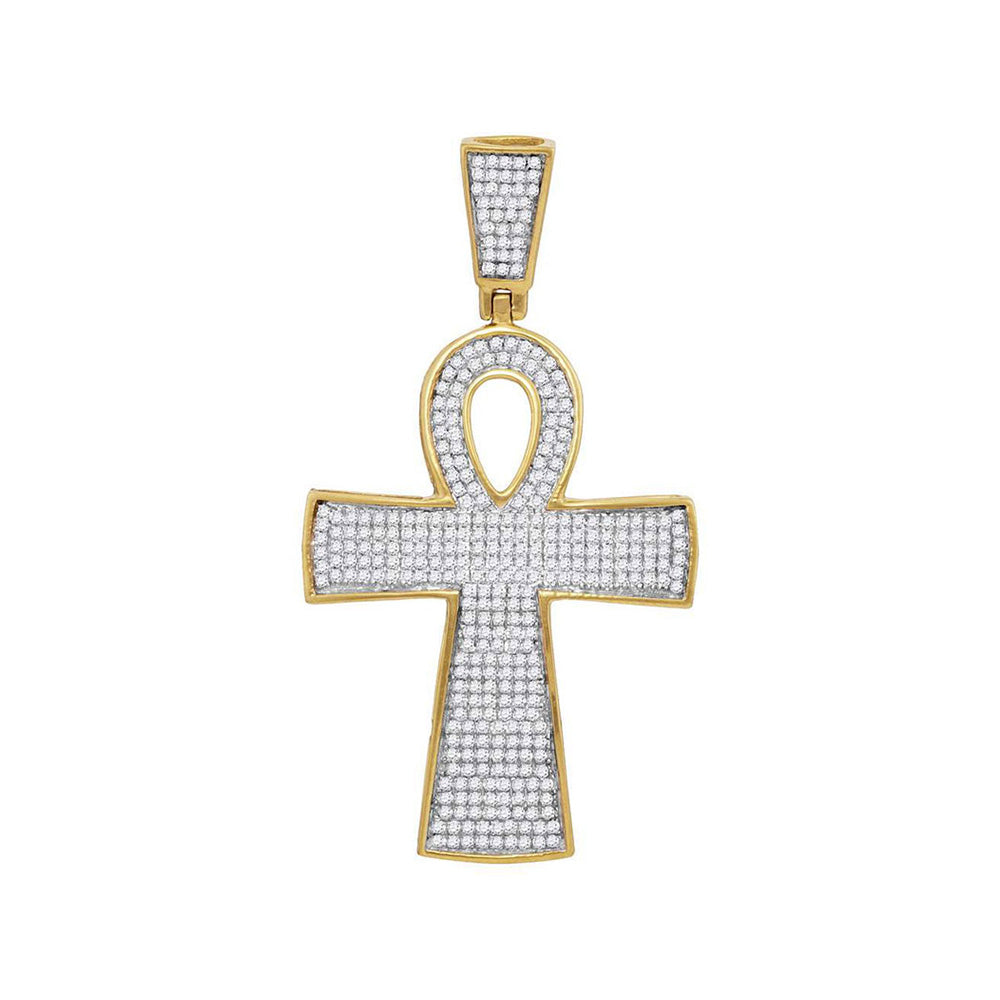 10K Yellow Gold Mens Round Diamond Ankh Cross Religious Charm Pendant 3/4 Cttw