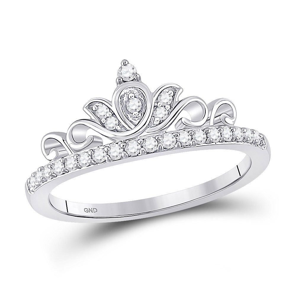 10K White Gold Womens Round Diamond Crown Tiara Band Ring 1/5 Cttw, Womens Size: 5-10