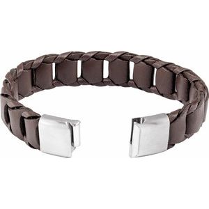 Stainless Steel 8 In 17 Mm Leather Cord Bracelet With Brushed Stainless Steel Clasp
