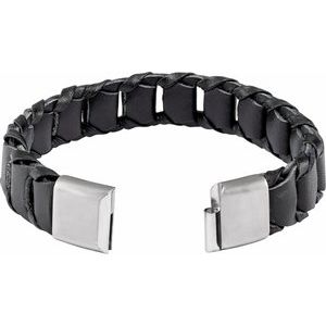 Stainless Steel 8.5 In 17 Mm Leather Cord Bracelet With Brushed Stainless Steel Clasp
